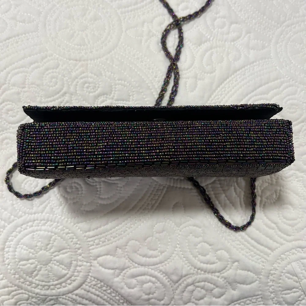 VTG Black Iridescent Beaded Evening Bag Clutch/Crossbody Purse 90s multi color